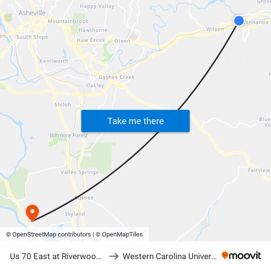 Us 70 East at Riverwood Rd to Western Carolina University map