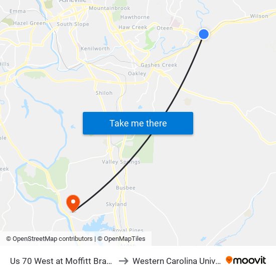 Us 70 West at Moffitt Branch Rd to Western Carolina University map