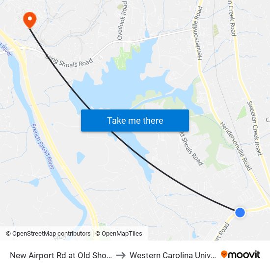 New Airport Rd at Old Shoals Rd to Western Carolina University map