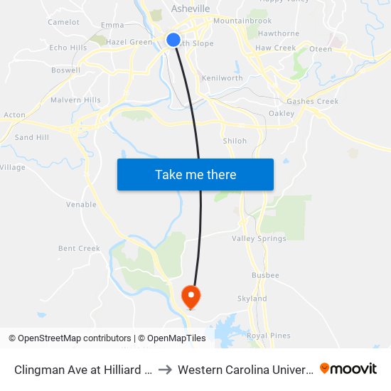 Clingman Ave at Hilliard Ave to Western Carolina University map