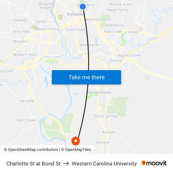 Charlotte St at Bond St to Western Carolina University map