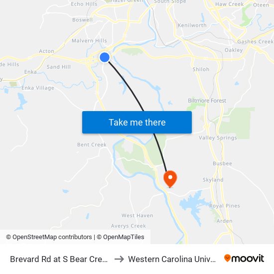 Brevard Rd at S Bear Creek Rd to Western Carolina University map