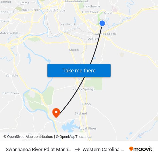 Swannanoa River Rd at Manna Food Bank to Western Carolina University map