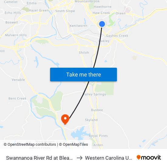 Swannanoa River Rd at Bleachery Blvd to Western Carolina University map