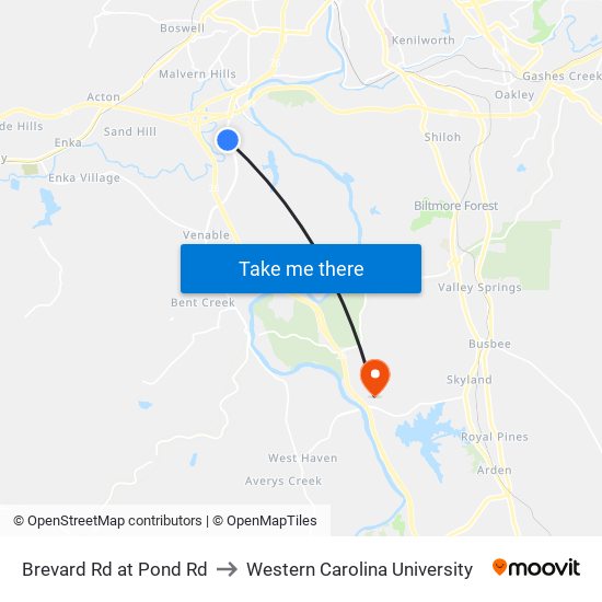 Brevard Rd at Pond Rd to Western Carolina University map