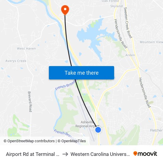 Airport Rd at Terminal Dr to Western Carolina University map