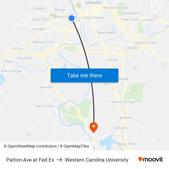 Patton Ave at Fed Ex to Western Carolina University map