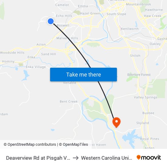 Deaverview Rd at Pisgah View Rd to Western Carolina University map