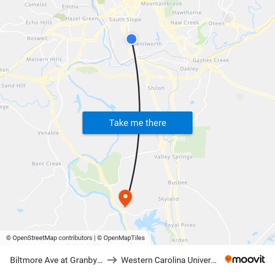 Biltmore Ave at Granby St to Western Carolina University map