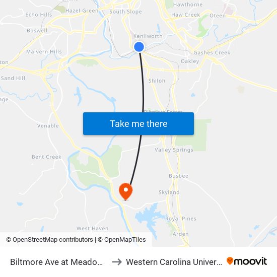 Biltmore Ave at Meadow Rd to Western Carolina University map