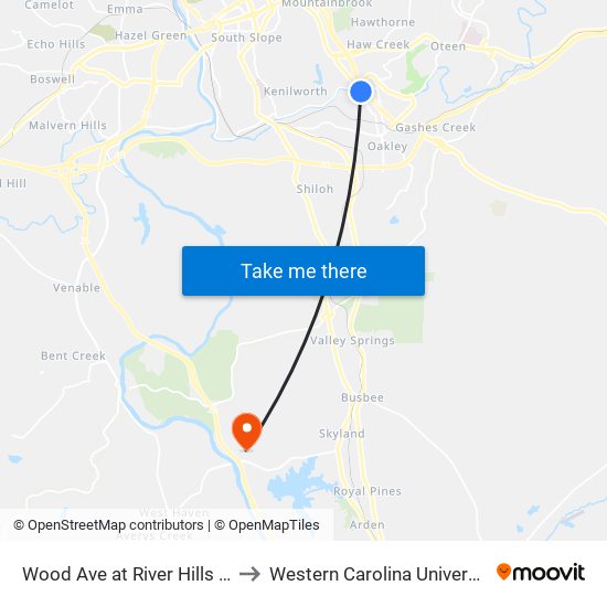 Wood Ave at River Hills Rd to Western Carolina University map