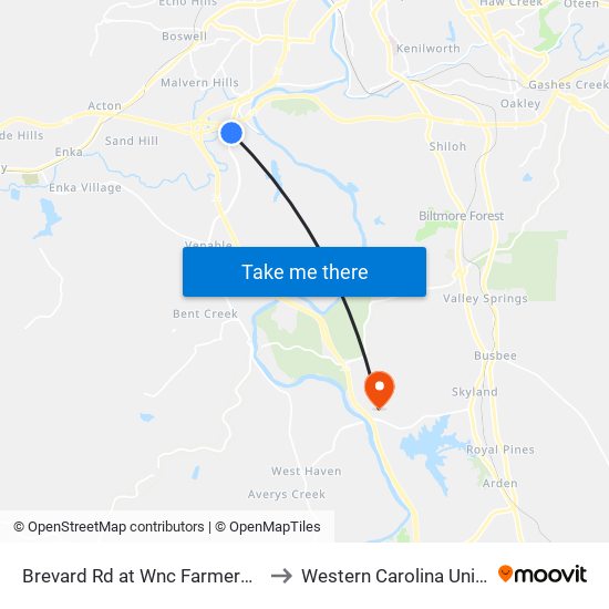 Brevard Rd at Wnc Farmers Market to Western Carolina University map