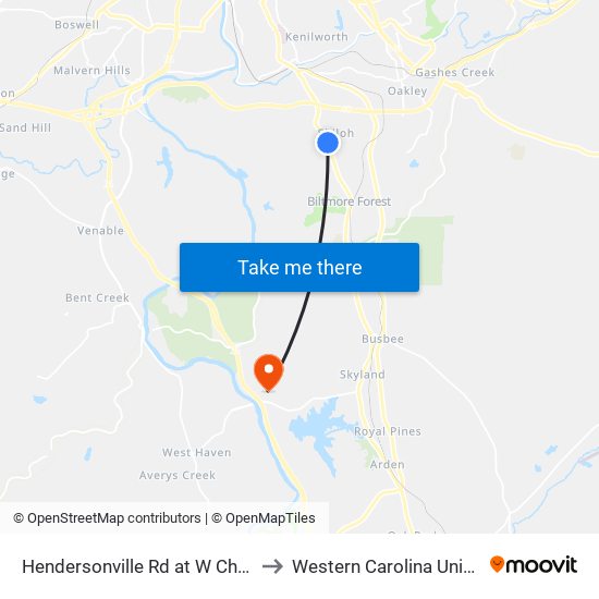 Hendersonville Rd at W Chapel Rd to Western Carolina University map