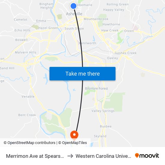 Merrimon Ave at Spears Ave to Western Carolina University map