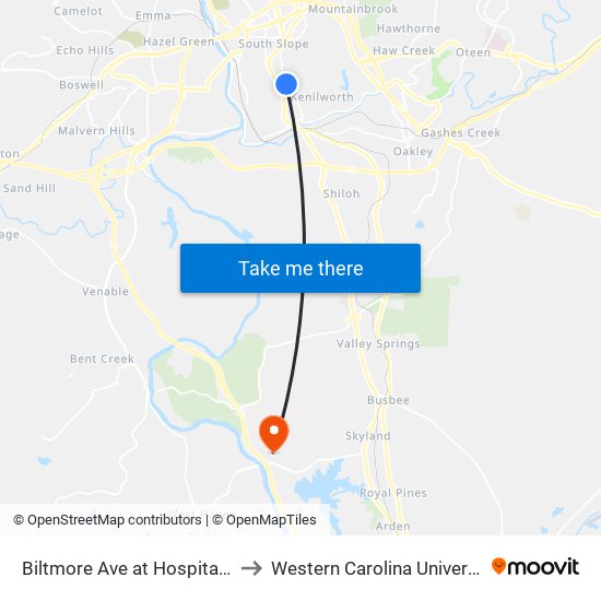 Biltmore Ave at Hospital Dr to Western Carolina University map