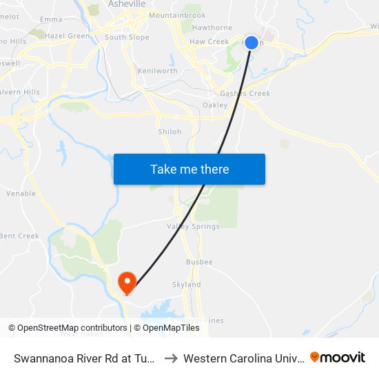 Swannanoa River Rd at Tunnel Rd to Western Carolina University map