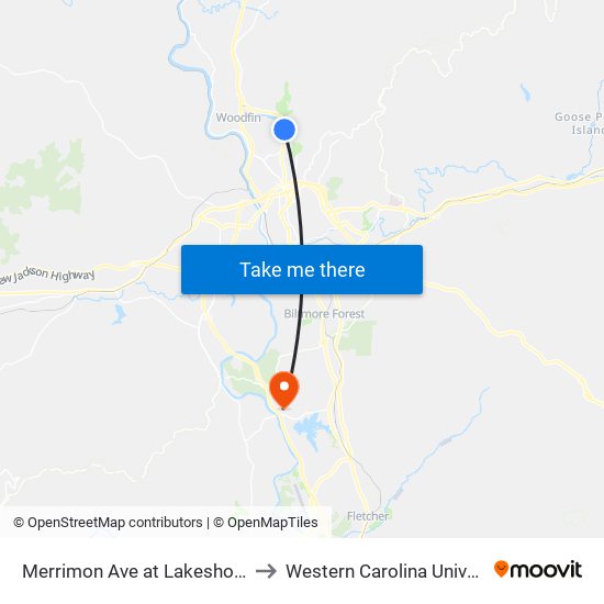 Merrimon Ave at Lakeshore Rd to Western Carolina University map