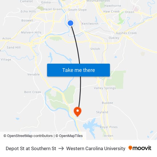 Depot St at Southern St to Western Carolina University map