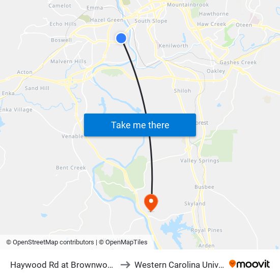 Haywood Rd at Brownwood Ave to Western Carolina University map