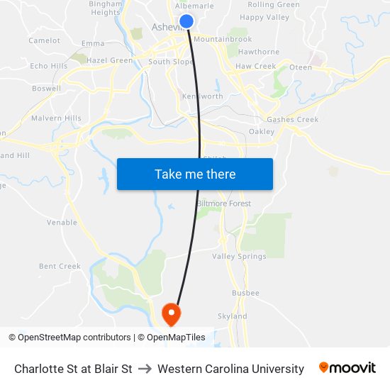 Charlotte St at Blair St to Western Carolina University map