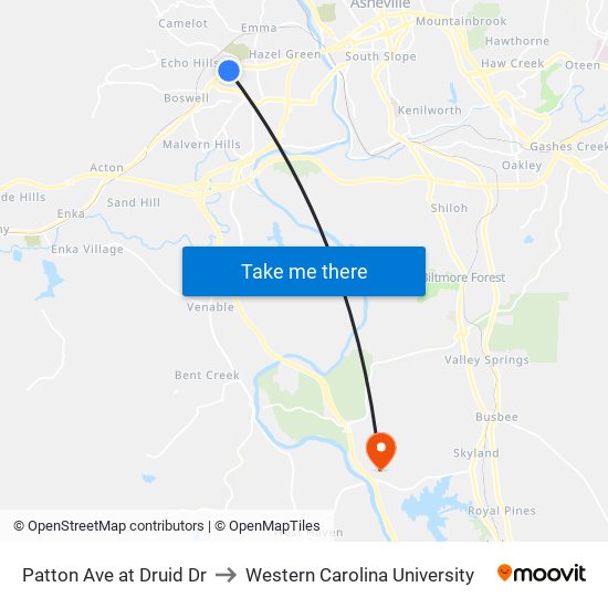 Patton Ave at Druid Dr to Western Carolina University map