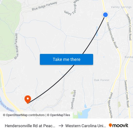 Hendersonville Rd at Peachtree Rd to Western Carolina University map