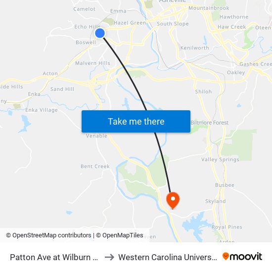 Patton Ave at Wilburn Rd to Western Carolina University map