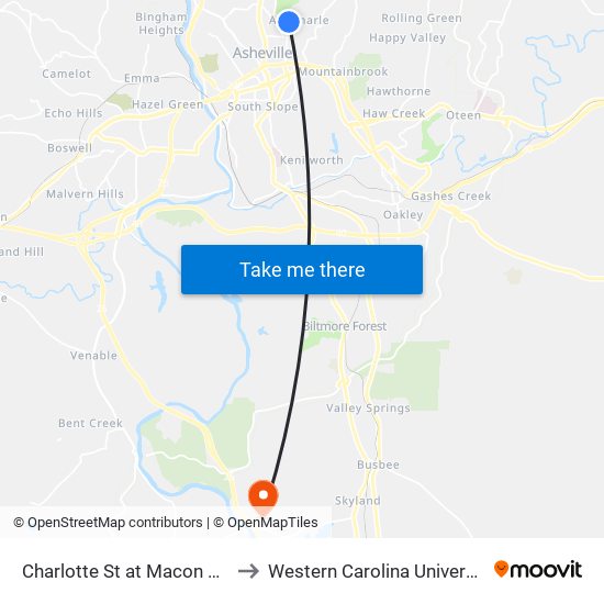 Charlotte St at Macon Ave to Western Carolina University map