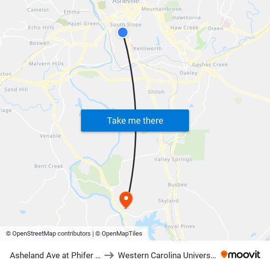 Asheland Ave at Phifer St to Western Carolina University map