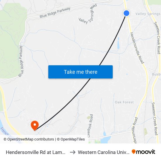 Hendersonville Rd at Lambeth Dr to Western Carolina University map