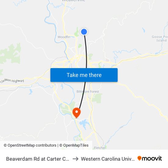 Beaverdam Rd at Carter Cove Rd to Western Carolina University map