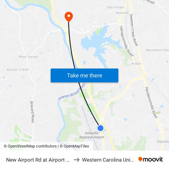 New Airport Rd at Airport Park Dr to Western Carolina University map