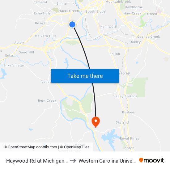 Haywood Rd at Michigan Ave to Western Carolina University map