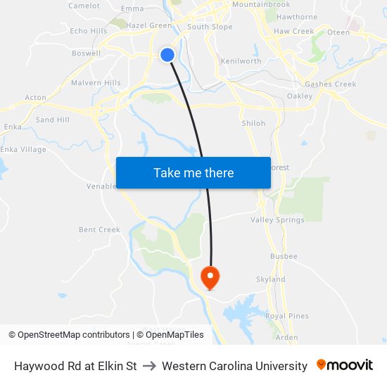 Haywood Rd at Elkin St to Western Carolina University map