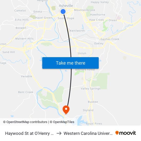 Haywood St at O'Henry Ave to Western Carolina University map