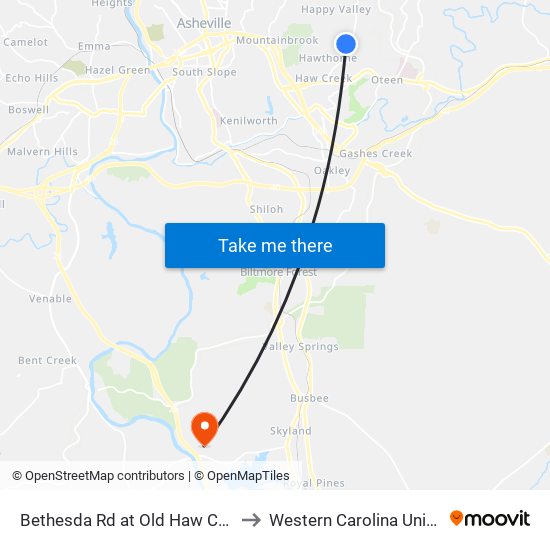 Bethesda Rd at Old Haw Creek Rd to Western Carolina University map