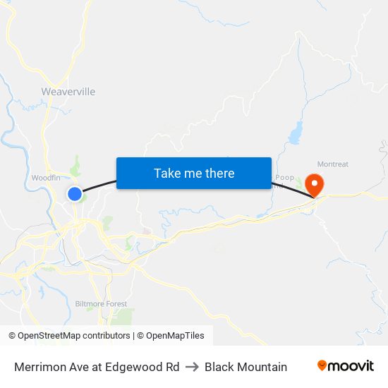 Merrimon Ave at Edgewood Rd to Black Mountain map