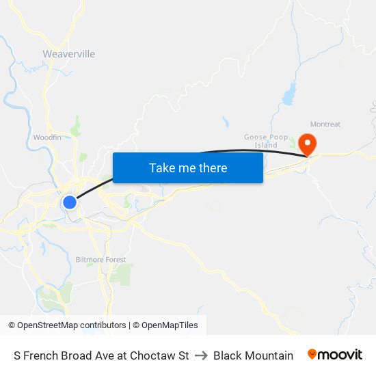 S French Broad Ave at Choctaw St to Black Mountain map