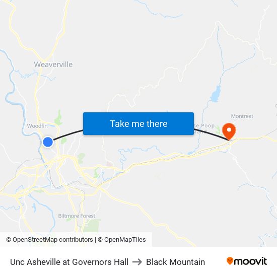 Unc Asheville at Governors Hall to Black Mountain map