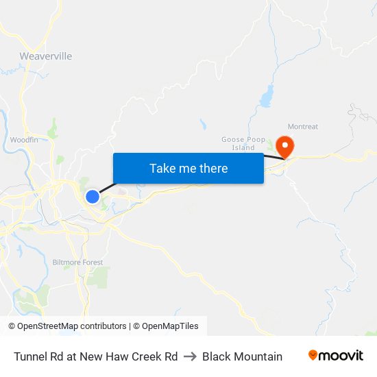 Tunnel Rd at New Haw Creek Rd to Black Mountain map