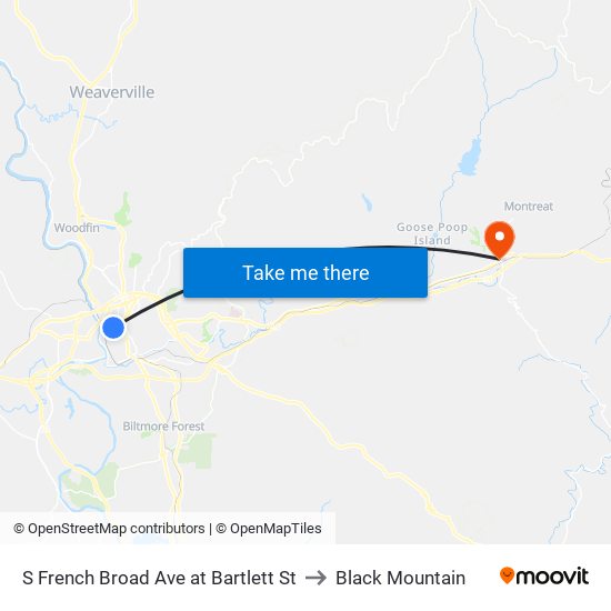 S French Broad Ave at Bartlett St to Black Mountain map