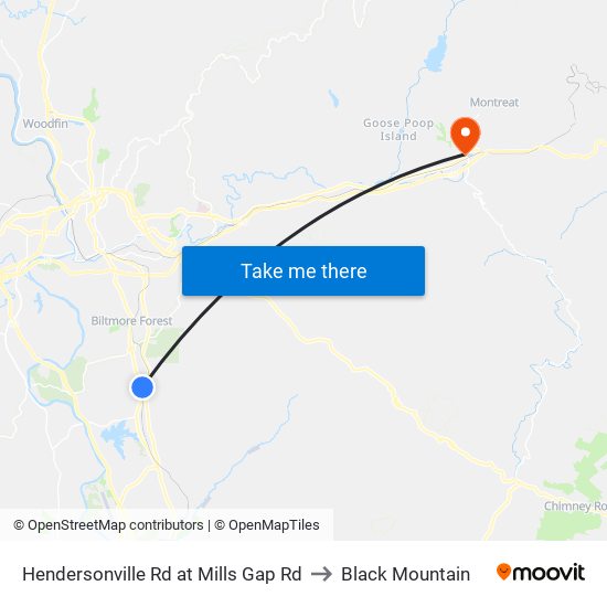 Hendersonville Rd at Mills Gap Rd to Black Mountain map