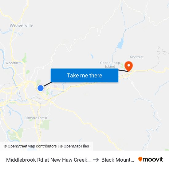 Middlebrook Rd at New Haw Creek Rd to Black Mountain map