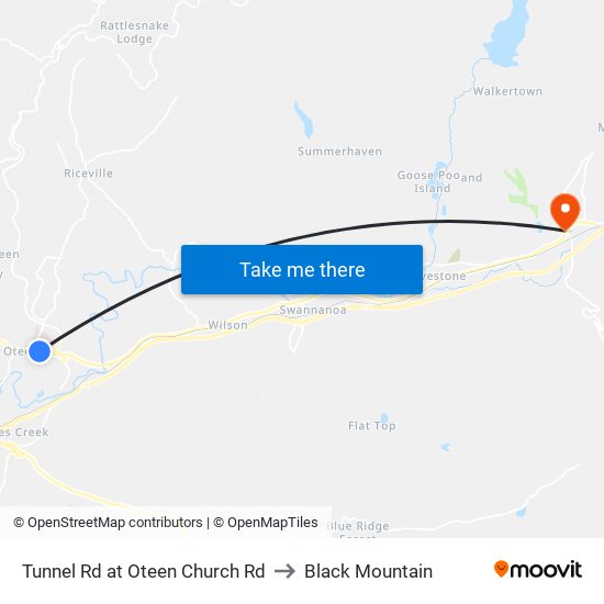 Tunnel Rd at Oteen Church Rd to Black Mountain map