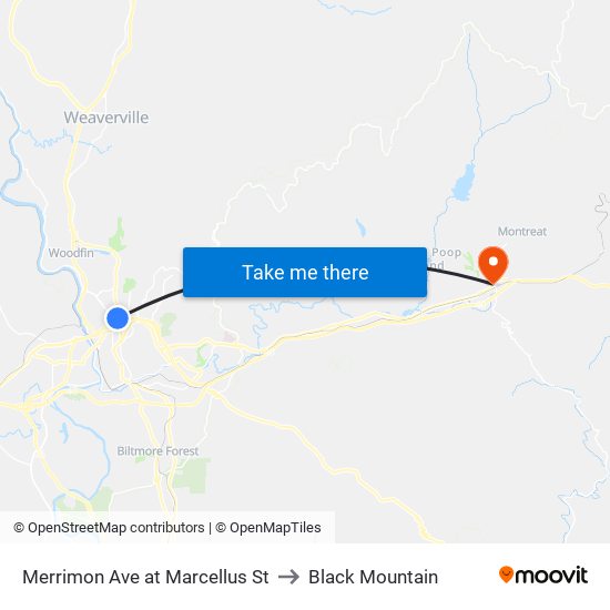 Merrimon Ave at Marcellus St to Black Mountain map
