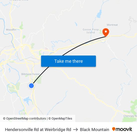 Hendersonville Rd at Weirbridge Rd to Black Mountain map