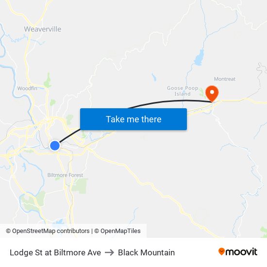 Lodge St at Biltmore Ave to Black Mountain map