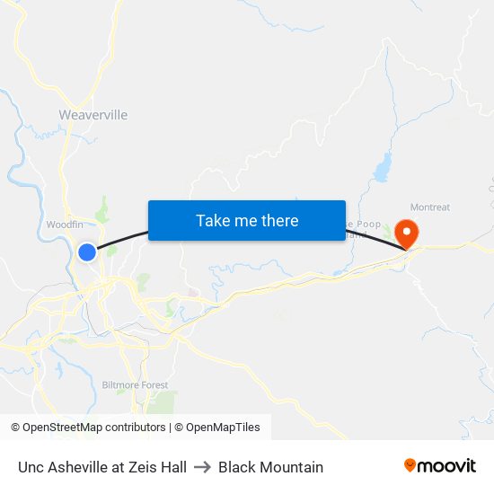 Unc Asheville at Zeis Hall to Black Mountain map