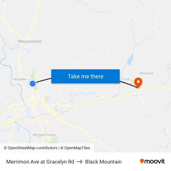 Merrimon Ave at Gracelyn Rd to Black Mountain map