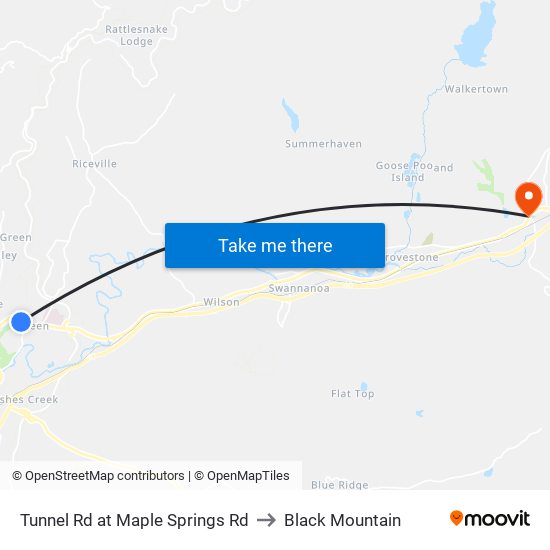 Tunnel Rd at Maple Springs Rd to Black Mountain map